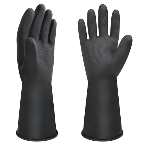 12 Heavy Duty Rubber Gloves Reusable Long Rubber Gloves Drain Cleaning Gloves Chemical Resistant Gloves Waterproof PPE Safety Work Gloves, Resist Strong Acid, Alkali and Oil, Non-Slip, 1 Pair