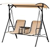 Beige 2-Seat Patio Swing Chair, Outdoor Canopy Swing Glider With Pivot Storage Table, Cup Holder, Adjustable Shade