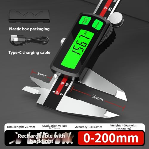 UrbanHui Pied à coulisse numérique en acier inoxydable, rechargeable de type C, outil de mesure LCD rétroéclairé vert pour la précision (0-150 mm) – vue 6