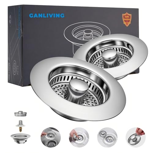 GanLiving 3-in-1 Kitchen Sink Drain Strainer Stopper, 304 Stainless Steel Pop Up Drain Plug, Anti-Clog Odor Prevention Sink Basket, Tool-Free Easy Install, Fits US Standard 3-1/2" Drain Hole, 1 Pack