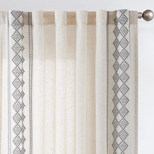 jinchan Boho Curtains Linen Blend Beige Farmhouse Curtains 63 Inches Long for Living Room Blue Square Embroidered Bordered Back Tab Bedroom Window Light Filtering Bohemian Drapes 2 Panels Ar