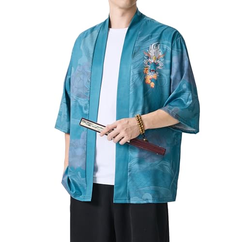 PRIJOUHE Men\'s Printed Kimono Robe Lightweight Japanese Shirt Open Front Haori Jacket Casual 3/4 Sleeve Yukata Bathrobe - Thumbnail 6