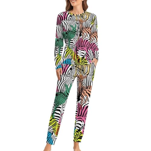 Pyjama femme chevaux de couleur ensemble t-shirt manches longues et pantalon en coton doux