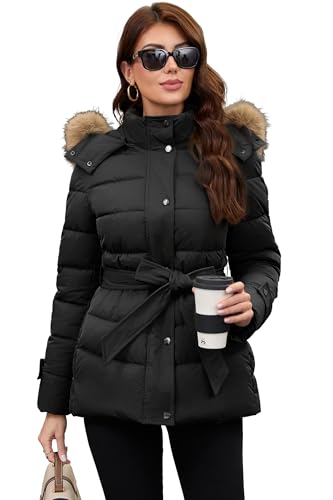 PAPILLON D'OR Women's Belted Mid-Length Puffer Coat - Detachable Faux Fur Collar & Hood, Hidden Fleece Pockets, Dual-Closure Winter Jacket (Black, XL)