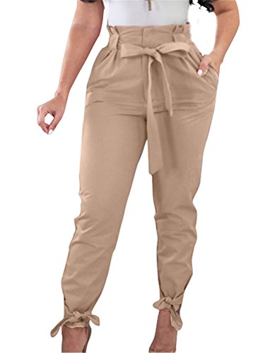 GOBLES Women Solid Casual Work Trousers High Waist Ruffle Bow Tie Pants Light Tan