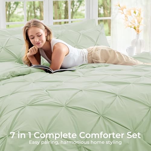 Image of Sasttie Queen Comforter Set, 7-Piece Bed in a Bag, Pintuck Bedding Sets for All Season, Includes Comforter, Flat Sheet, Fitted Sheet, Pillowcases and Pillowshams, Mint