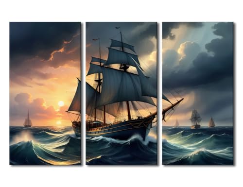 TUMOVO House Decorations Vintage Wall Pictures for Living Room Sailing Ship Canvas Wall Art Sea Landscape Modern Wall Painting 3 Panel Wooden Ship Prints Wall Art Framed Ready to Hang 60x40 in