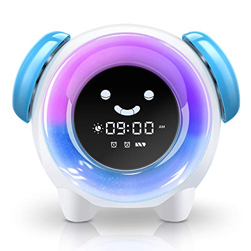 BestXiuyi, Children Sleep Training Alarm 7 Changing Colors Teach Kids Time to Wake Up, Rechargeable Night Light Clock with 2400mAh Battery Charging USB (Blue)