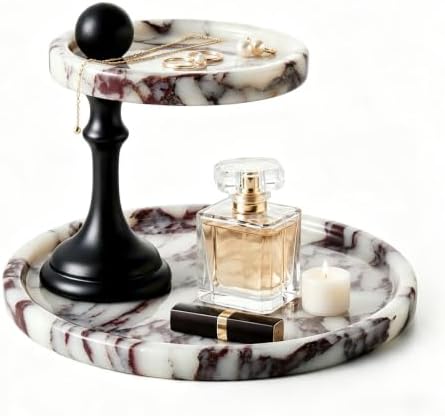 Natural Marble Tray, Luxury Calacatta Viola 2-Tier Jewelry Tray & Perfume Organizer, Home Decorative Tray for Bathroom Vanity Dresser Kitchen, Housewarming Gifts Birthday Gifts for Women Mom