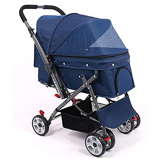 4-hjul vikbar hund barnvagn barnvagnar barnvagn, lättviktsdjur buggy för katter och hundar upp till 25 kg, med förvaringskorg, framhjulet kan rotera 360 °, kan reverseras armstöd