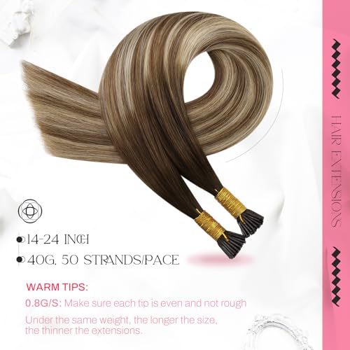 Image of Moresoo I Tip Hair Extensions Human Hair Brown Ash Blonde Mix 16 Inch | 40g 50 strands, human hair can be curled or straightened, individual strand extensions for salon and daily styling