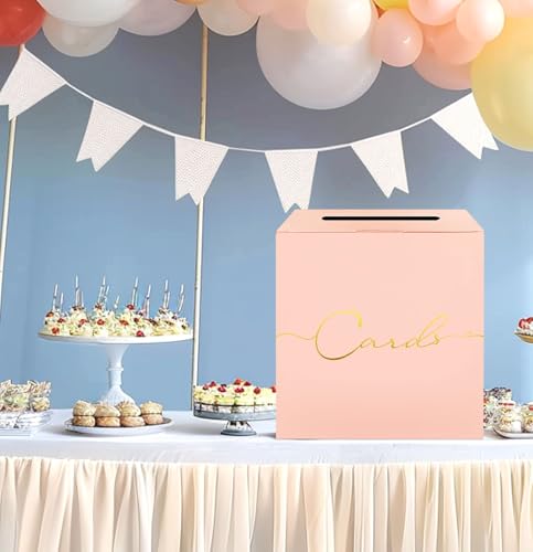 Image of HEIPINIUYE Large Card Box for Party 9.8 inch x 9.8 inch Pink Gift Card Box Holder with Gold Foil Design Envelope Box for Wedding Birthday Baby Shower Retirement Party Raffle Box
