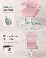 SONGMICS Bürostuhl ergonomisch, Drehstuhl mit Mesh, Lendenstütze, Wippfunktion, 53 cm große Sitzfläche, klappbare Armlehnen, Arbeits- und Schlafzimmer, Studenten, pastellrosa OBN037R01 – Ansicht 8