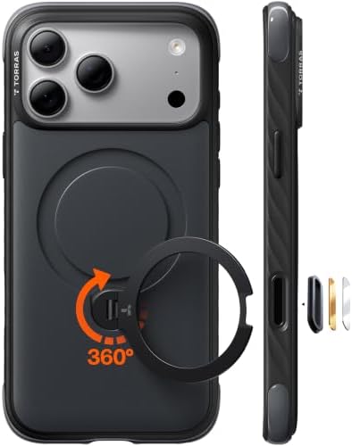 TORRAS Ostand Q3 Rugg für iPhone 17 Pro Max Hülle mit 360° Ständer, Schwarz | Extrem griffig für sicheren Halt, 360°-Standring, 18N für MagSafe, 3,66 m Militär-Fallschutz, Kamerata