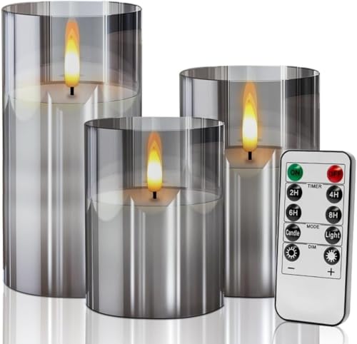 Gray Glass Flameless Candles Flickering with Remote, Timer, Battery...