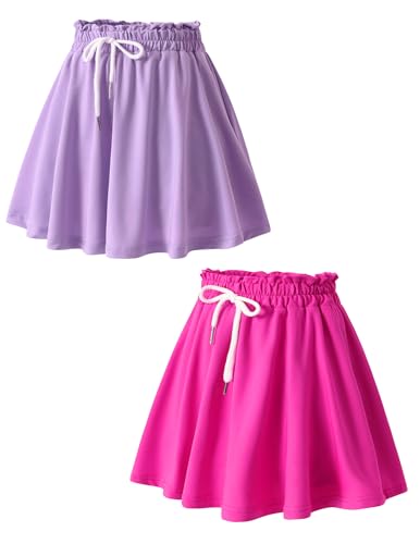 2 Pack Girls Skorts Elastic High Waisted Tennis Skater Skirts with Built-in Shorts Kids Athletic Flowy Skorts