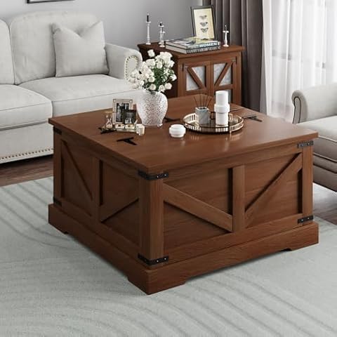 REVOMINCA Farmhouse Coffee Table with Hidden Storage Compartment, Square Coffee Table for Living Room, Wood Center Table with Hinged Lifting Tabletop for Home, Rustic Brown Cover