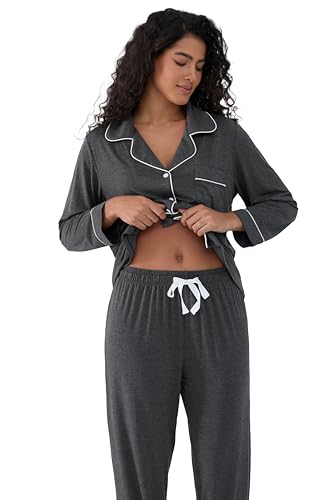 Image of Joyaria Women's Cooling Bamboo Viscose Pajama Set Long Sleeve Button Front | Hot Sleeper Comfort . Cooling Relief . Lightweight Feel for Sleeping & Lounging