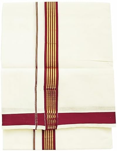 Eternals Mens Gold Jari Line 100% Cotton Pure White Dhoti 4.00 Meters Double Mundu/Vesti Maroon Border.