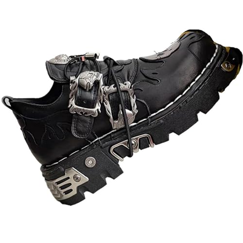 SXQCKJ Chaussures À Plateforme Gothiques Vintage, Bottines Punk À Lacets Avec Tête De Mort Et Décoration Métallique, Pour Femmes Et Hommes(44 EU)