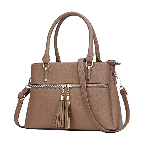 Image of KKXIU Women Purses and Handbags, PU Leather Top Handle Satchel Bag | Removable Long Strap, 3 Zippered Compartments, Crossbody Purse for Ladies, ,Tassel Pendant