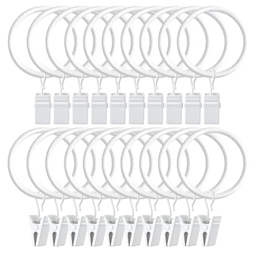 KAMANINA 20 Pack White Curtain Rings with Clips, 1.26 in Interior Diameter