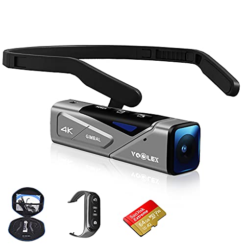 Voolex 4K Camcorder Video Camera,EP7 Wearable 4K Mini Camcorder, Ultra HD 4K 60FPS Video Camera with Gimbal Image Stabilization, Auto-Focus and Remote Control with 64GB Micro SD Card