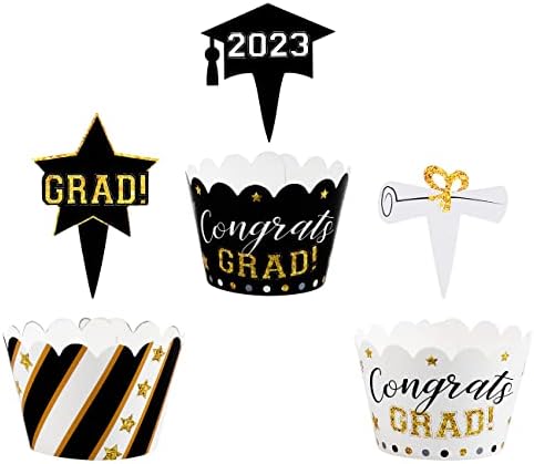 120PCS Graduation Cupcake Toppers Wrappers 2023 - Grad Party Supplies Congrats Cake Decorations