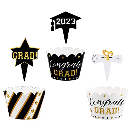 120Pcs Graduation Cupcake Toppers Wrappers 2023 - Grad Party Supplies Congrats Cake Decorations #TOP2