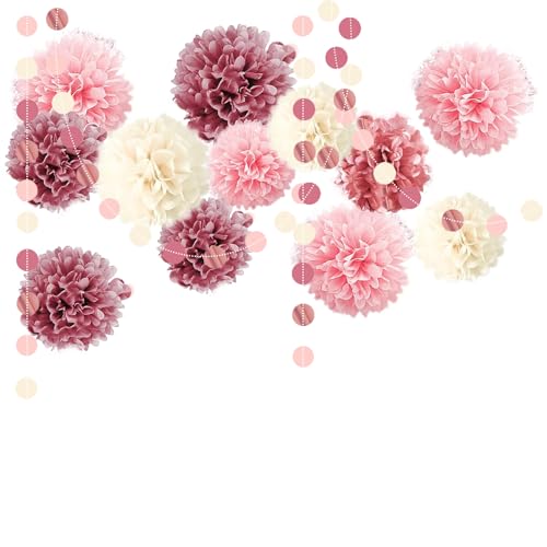 ROEOWENE 15PCS Pompones de Papel de Seda Pompones de Flores Bola Nido de Abeja Guirnaldas Cumpleaños Bolas de Panal Abanicos de Papel para Colgar Pompones Decoracion Fiesta para Carnaval-Púrpura Rosa