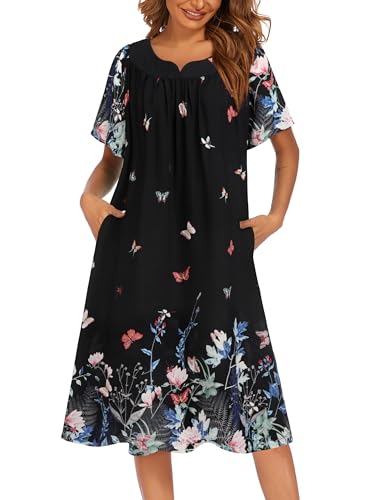 Image of Ekouaer Womens Nightgown Short Sleeve House Dress with Pockets-Floral Print Mumu Dress