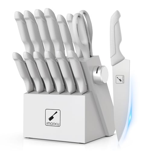 imarku Knife Set with Block, Sharp Knives Set with Built-in Sharpener, Japanese Stainless Steel Kitchen Knife Set with Non-Slip Ergonomic Handle, Dishwasher Safe, 14 PCS Best Father's Day Gift, White