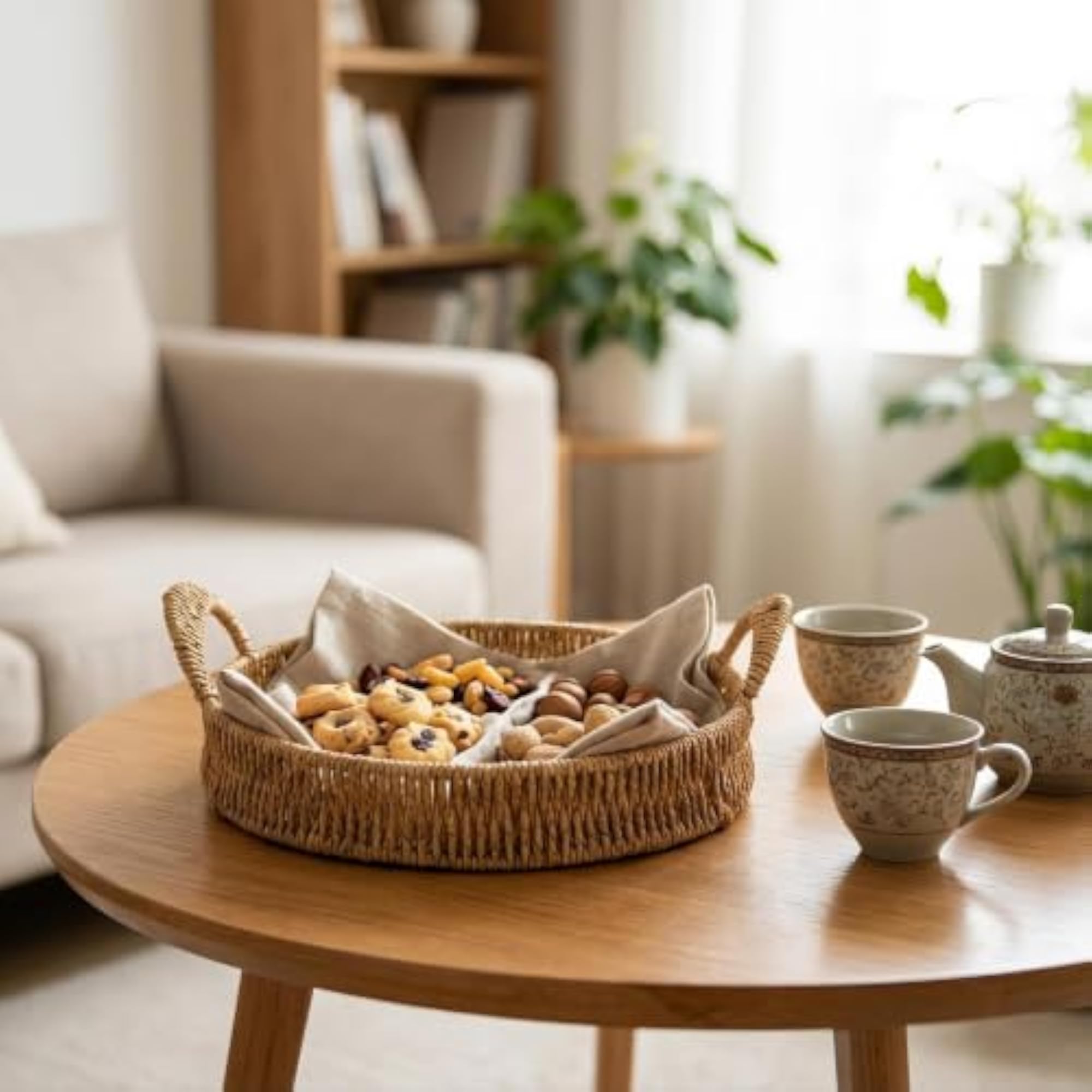 Shallow Woven Basket Tray with Handles for Tabletop