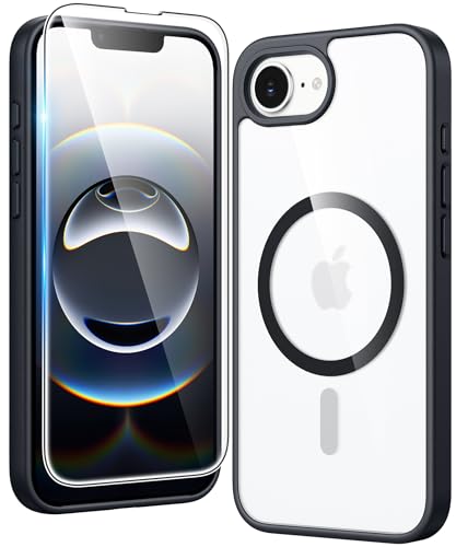 FNTCASE for iPhone 17e & iPhone 16e Case Clear: Magnetic Phone Cases with Screen Protector Compatible with Magsafe Anti Yellowing Shockproof Protective Transparent Cell Phone Cover (B-Black)