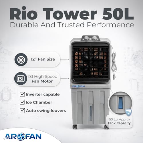 Image of Rio 50L Air Cooler for Room Cooling | Anti Bacterial Honey Comb Pads | Auto Swing Louvers | Compatible Wheels for Easy Moving