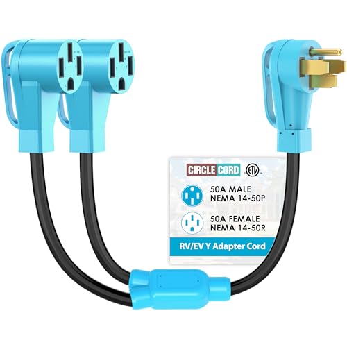 CircleCord RV/EV Y Adapter Cord 50 Amp to Two 50 Amp NEMA 14-50P Male Plug to 14-50R Female with Grip Handle Heavy Duty 6/3+8/1 Gauge STW Wire for RV Trailer Camper ETL Listed
