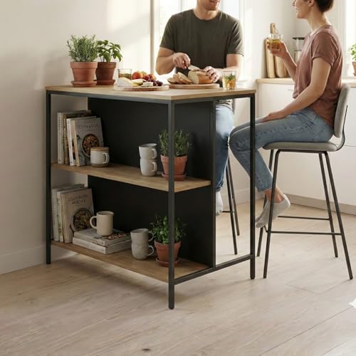Image of FFO Modern Bedside Table with Drawer & Open Shelf, Wooden Top with Metal Frame, Compact Nightstand for Bedroom, End Table for Living Room