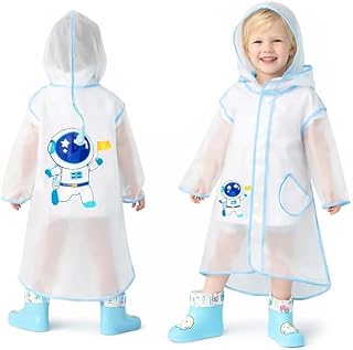 Vibe Apparel Transparent Astronaut Print Kid’s Waterproof Raincoat Rain Jacket Suit with Hood and Visor for School Boys an... Price In India
