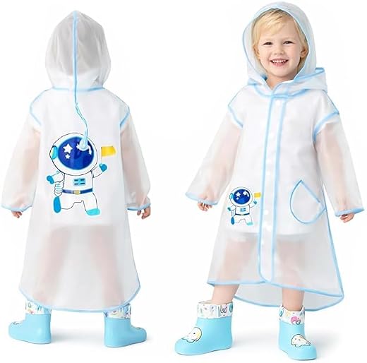Vibe Apparel Transparent Astronaut Print Kid’s Waterproof Raincoat Rain Jacket Suit with Hood and Visor for School Boys an...