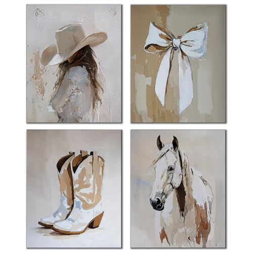 DOFQZ Western Coastal Cowgirl Wall Art Prints Set of 4, Coastal Cowgirl Room Decor, Neutral Country Western Coquette Bow Boots Horse Posters for Home Girls Bedroom Dorm Apartment Decor, 8x10 Unframed