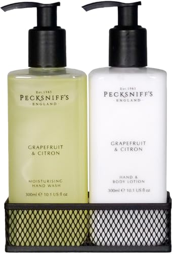 Hand Wash & Body Lotion Caddy Set (Grapefruit & Citron) - 10.1 Fl Oz Each - Gentle Cleanser for Sensitive Skin - Moisturizing & Hydrating Hand Cream - All Natural Cruelty Free Body Wash - Pecksniffs