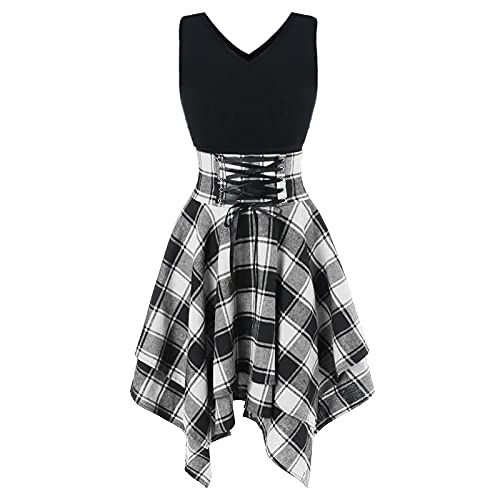 Damen Schnürkleid Kurzärmliges, unregelmäßiges, kariertes Nähkleid,Damen Boho Maxi Kleid Damen kleid,Damen RüSchenkleid Hemdkleid Freizeitkleid Gedrucktes Strandrock-Feiertagskleid Damen Retro kleid Cover
