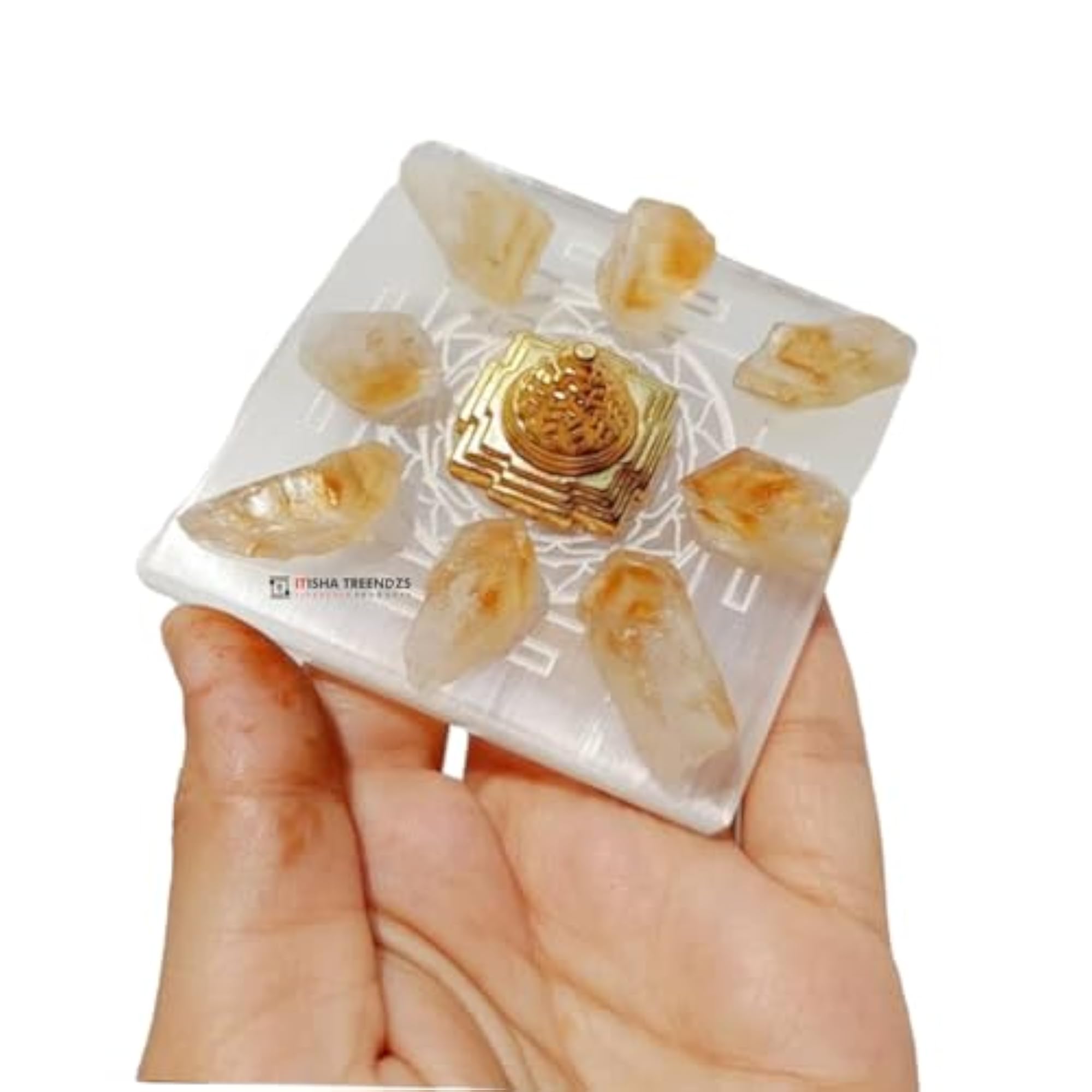 Selenite Sri Yantra Plate with Citrine Crystal Meditation Set
