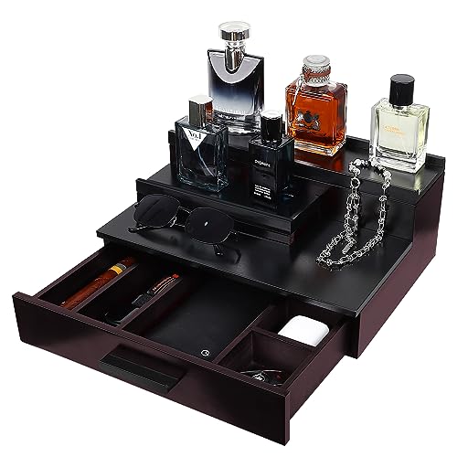 Wooden Cologne Organizer for Men, Perfume Organizer for Dresser, Cologne Stand with Hidden Storage and Drawer, Cologne Holder Tray Shelf, Fragrance Organizer Display Stand Rack, Gifts for Men
