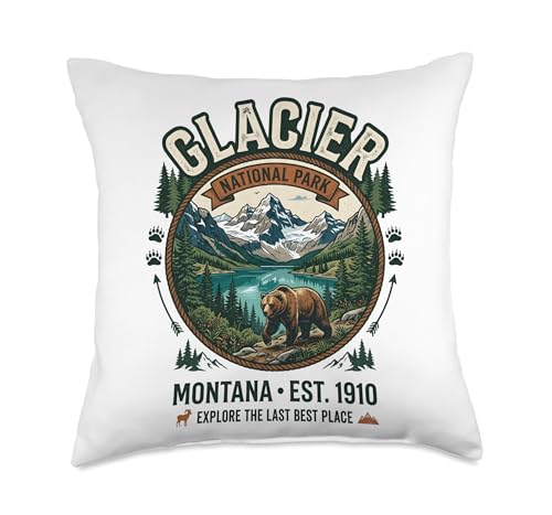 Glacier National Park Montana Vintage Grizzly Bear Emblem Throw Pillow