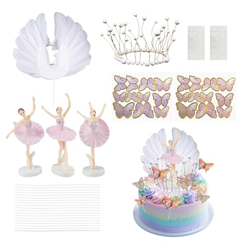 Juego de 25 piezas para tartas con temática de ballet, decoración para tartas de cumpleaños, bailarina, adornos para tartas de mariposa, coronas de borlas, adornos para tartas de plumas