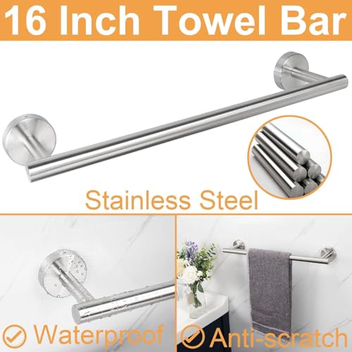 Image of JIALTO 5-Piece Bathroom Towel Holder | Towel Rod | Toilet Roll Stand | Wall Mounted Bathroom Fittings Full Set - 16 Inch Hand Towel Bar | Toilet Paper Holder | Adhesive Hooks (Silver, 5 - Pieces Set)