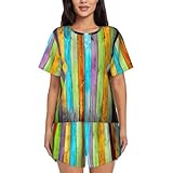 Design tendance : le haut ample à col rond imprimé planches en bois coloré pour femme avec un devant boutonné est tendance. La taille élastique et le cordon de serrage du pantalon facilitent non seulement le port et le retrait, mais ajoutent également au design tendance et confortable