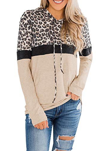 Actloe Women Long Sleeve Leopard Printed Casual Hoodies Color Block Pullover Knit Tops with Kangaroo Pockets B-Khaki Large