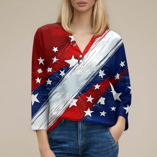 Image of 4th of July Shirts Women 3 /4 Length Sleeve Womens Tops Henley Neck Casual Patriotic T Shirts